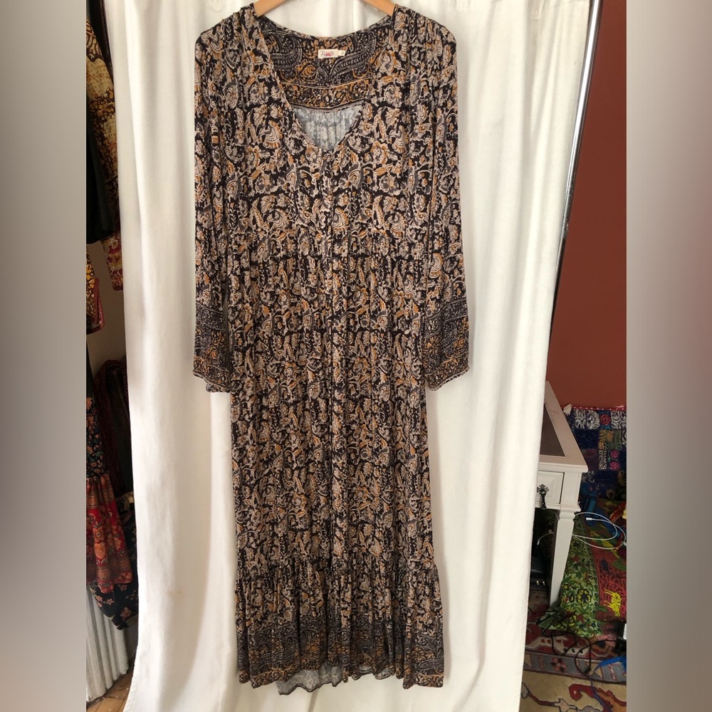 Faherty Toluca Floral Tiered Maxi Long Sleeve Boho Dress Blue Bordeax Button - L